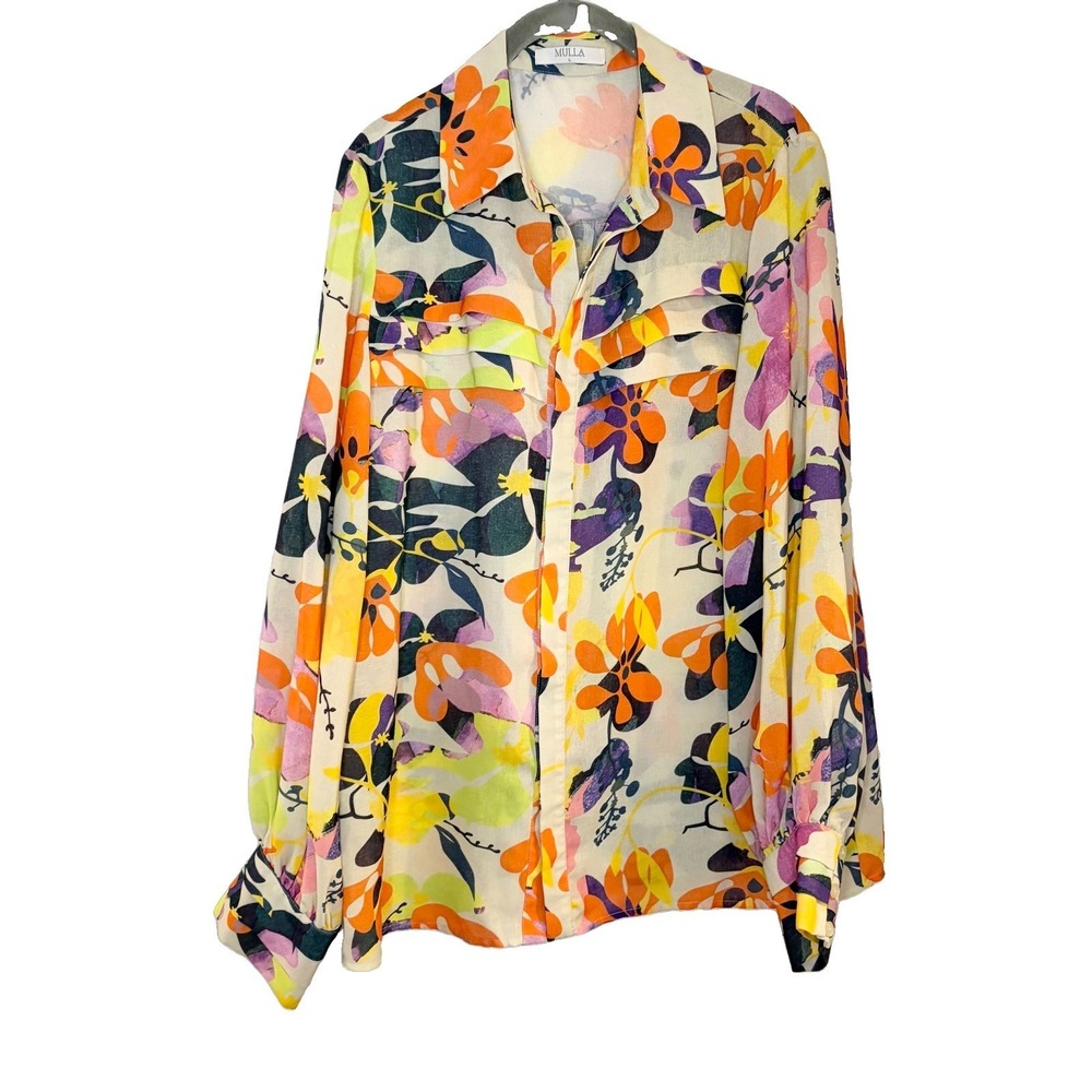 MULLA Shirt Dress Floral Button Down Shirt Puff Billowy Prince Sleeves Size L
